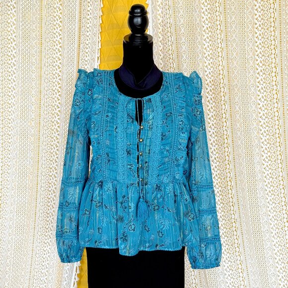 Cleobella Teal & Gold Metallic Floral Ruffle Long Sleeve Chiffon Blouse Size L - Picture 5 of 15